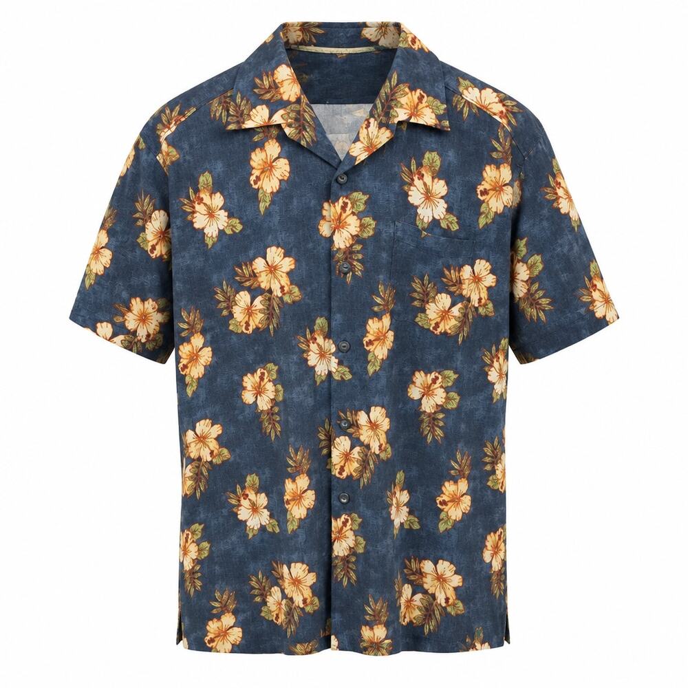 Vintage Tommy Bahama 100% Silk Hawaiian Shirt Men Large Blue Orange Hibiscus